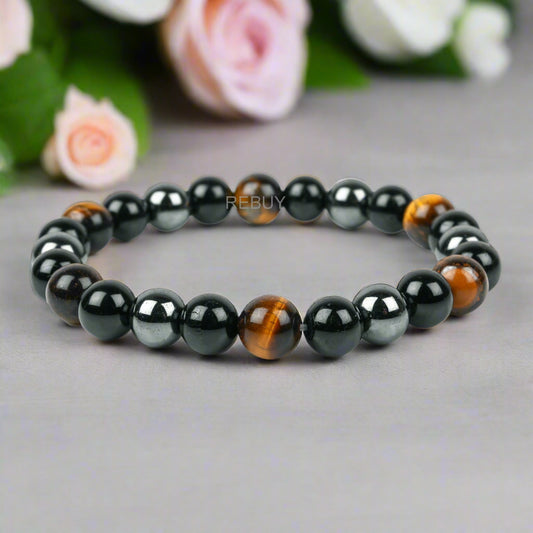 Triple Protection Bracelet With Tiger Eye, Black Tourmaline & Hematite Stone Lab Certified , Bead Size 8 mm By Rebuy