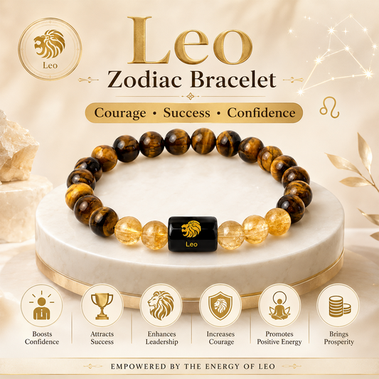Leo Zodiac Bracelet for Men & Women | Natural Tiger Eye & Golden Crystal Beads with Black Leo Zodiac Charm | Stretchable Astrology Bracelet for Confidence, Style & Everyday Wear | Gift for Leo
