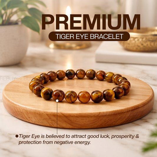 Tiger Eye Bracelet Stretch Gemstone Bracelet for Men & Women 10MM Beads Lab Certified BY REBUY