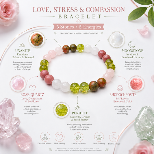 Love, Stress & Compassion Bracelet for Women & Men | Natural Stone Beaded Bracelet for Positive Energy, Emotional Balance, Self-Love & Mindfulness | Stretchable Crystal Healing Inspired Jewelry