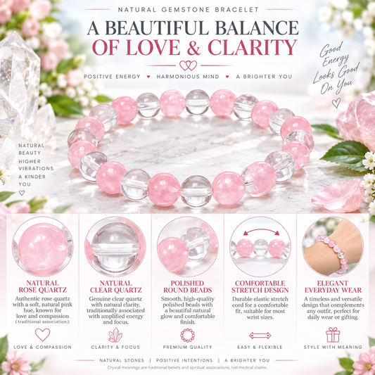 Rose Quartz & Clear Quartz Stone Bracelet for Men & Women 8mm Natural Healing Gemstone BY REBUY