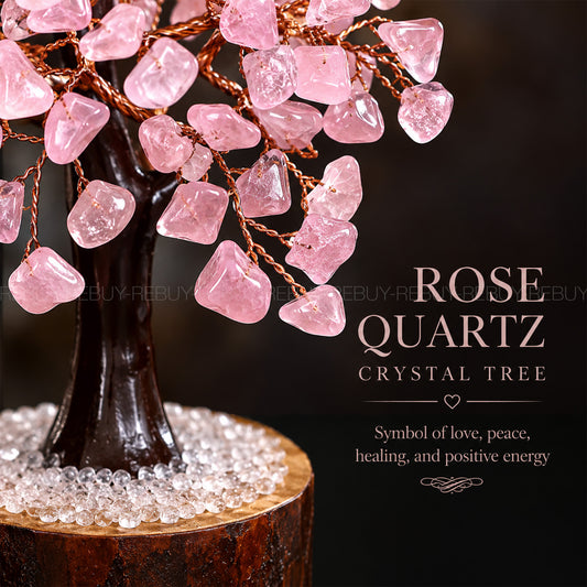 Rose Quartz Stone Tree 350 Beads Natural Gemstone for Reiki Vastu, Feng Suai & Home office Decor 9inch BY REBUY