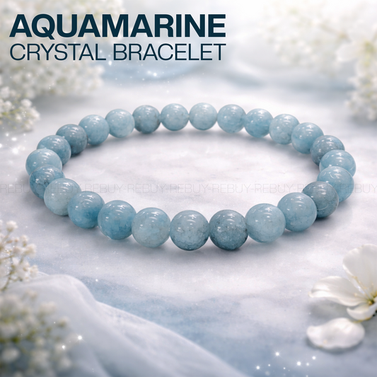 Aquamarine Stone Bracelet for Men & Women 8mm Natural Healing Lab Certified Gemstone BY REBUY
