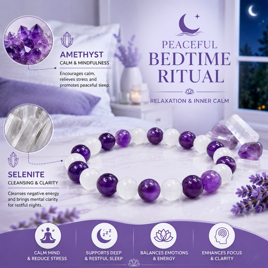 Healthy Sleep Bracelet for Men & Women – Purple & White Natural Stone Beaded Bracelet for Relaxation, Calmness & Peaceful Bedtime Ritual, Stretchable Healing Crystal Jewelry
