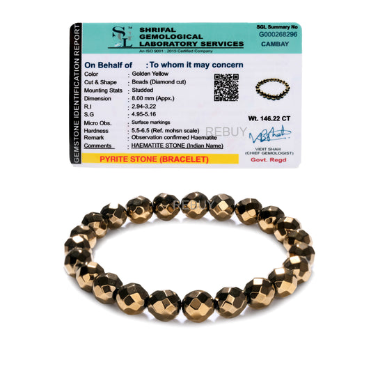 Golden Pyrite Diamond Cut Bracelet Money Magnet Bracelet Bead Size 8 mm Lab Certified By REBUY