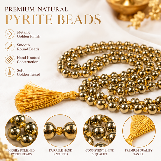 Golden Pyrite 8MM Stone Mala for Men & Women Meditation Crystal Healing Gemstone Necklace BY REBUY