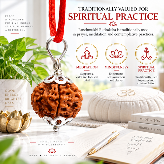 5 Mukhi Rudraksha Pendant for Men & Women | Natural Panchmukhi Rudraksha Bead with Silver-Plated Cap & Red Thread | Traditional Spiritual Wear for Meditation, Peace, Focus & Positive Energy