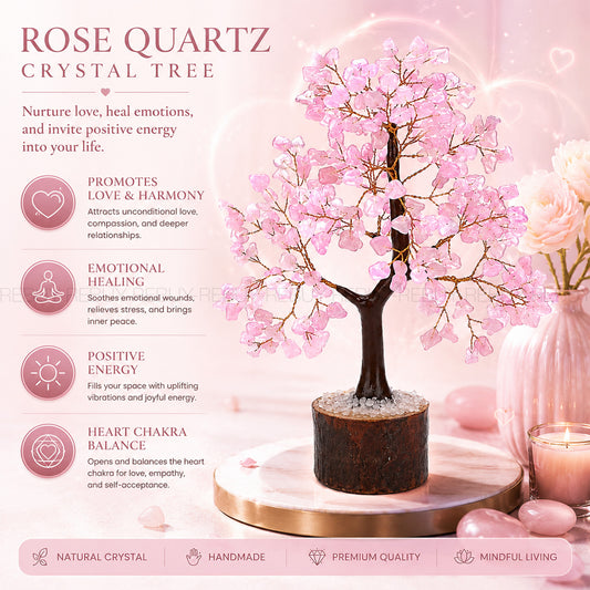 Rose Quartz Stone Tree 350 Beads Natural Gemstone for Reiki Vastu, Feng Suai & Home office Decor 9inch BY REBUY