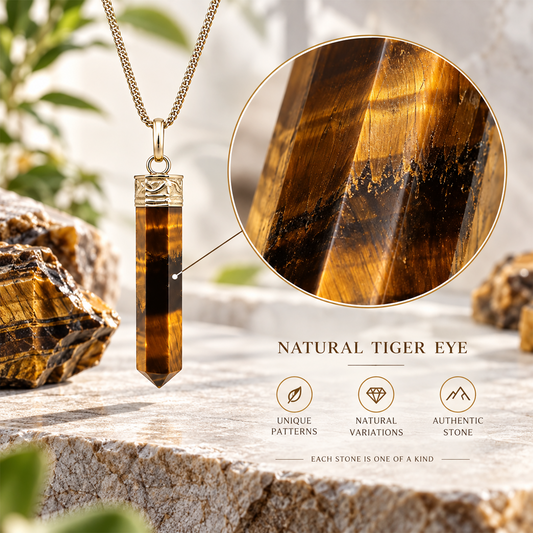 Natural Tiger Eye Crystal Pencil Pendant Necklace for Men & Women | Golden Brown Tiger Eye Gemstone Point Pendant | Elegant Crystal Jewelry for Confidence, Focus & Grounding | Gift for Him & Her