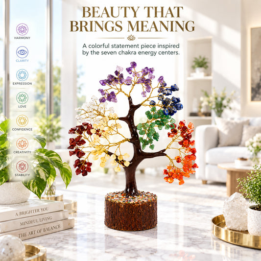 7 Chakra Stone Tree 350 Beads (10–12 Inch) | Natural Gemstone Tree for Meditation, Positive Energy, Chakra Balance | Vastu, Reiki, Feng Shui Room & Office Decor Gift BY REBUY