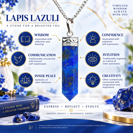 Lapis Lazuli Crystal Pencil Point Pendant Necklace for Men & Women | Deep Blue Gemstone Pendant with Golden Flecks | Elegant Spiritual & Statement Jewelry Gift