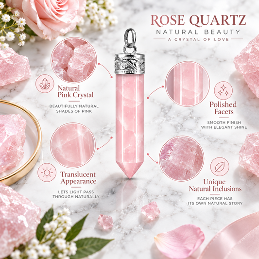 Rose Quartz Crystal Pencil Pendant with Silver-Tone Ornate Cap & Bail | Natural Pink Quartz Healing Crystal Necklace Pendant | Heart Chakra, Love, Peace & Emotional Balance | Unisex Spiritual Jewelry Gift