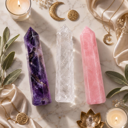 Amethyst, Rose Quartz, Clear Quartz Crystals Wand Pencils for Reiki Healing Set of 3 100gm BY REBUY