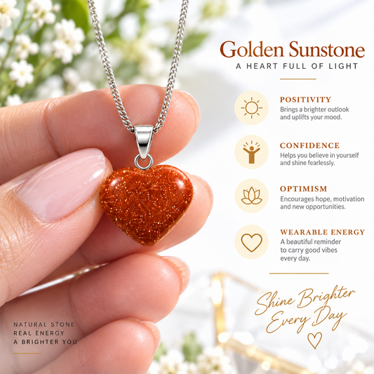 Golden Sunstone Heart Pendant for Women & Men | Natural Golden Sunstone Crystal Heart Necklace | Sparkling Orange Goldstone Gemstone Pendant | Energy, Confidence & Positivity Jewelry | Gift for Love, Birthday & Special Occasions