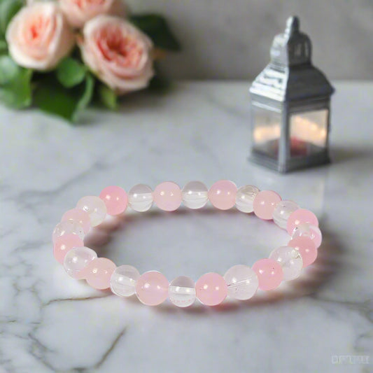 Rose Quartz & Clear Quartz Stone Bracelet for Men & Women 8mm Natural Healing Gemstone BY REBUY