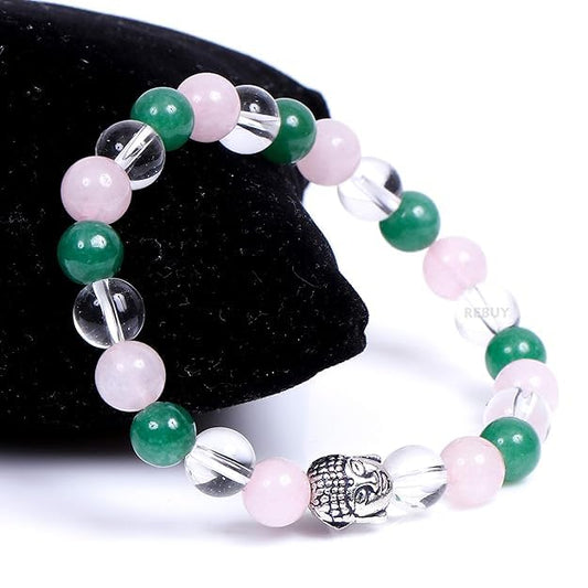 Rose Quartz Green Jade & Clear Quartz Stone With Buddha Charm Bracelet Lab Certified 8mm BY REBUY