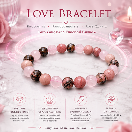 Love Bracelet for Women & Men – Natural Rose Quartz & Rhodonite Beaded Crystal Bracelet for Love, Emotional Harmony, Self-Love & Positive Energy – Stretchable Healing Stone Jewelry