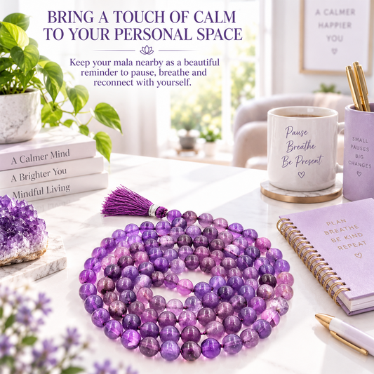 Amethyst Stone Mala Necklace Meditation 6MM Round Beads 108 + 1 Beads BY REBUY