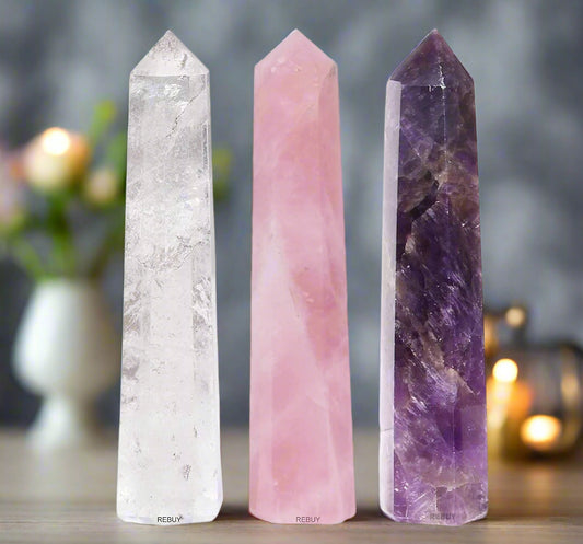 Amethyst, Rose Quartz, Clear Quartz Crystals Wand Pencils for Reiki Healing Set of 3 100gm BY REBUY