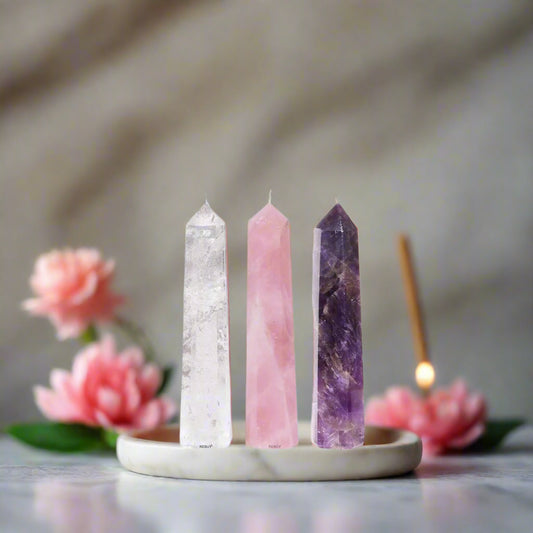 Amethyst, Rose Quartz, Clear Quartz Crystals Wand Pencils for Reiki Healing Set of 3 100gm BY REBUY