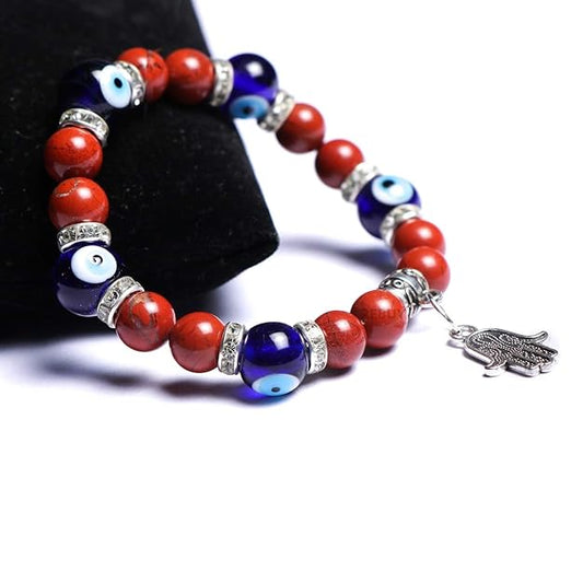 Red Jasper & Evil Eye Stone Bracelet with Hamsa Charm Natural Crystal Healing Gemstone Jewelry 8mm Beaded for Men & Women BY REBUY