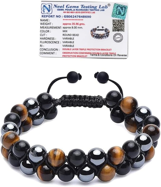 Triple Protection Black Tourmaline & Tiger Eye Stone Bracelet for Men & Women 8mm Beads BY REBUY