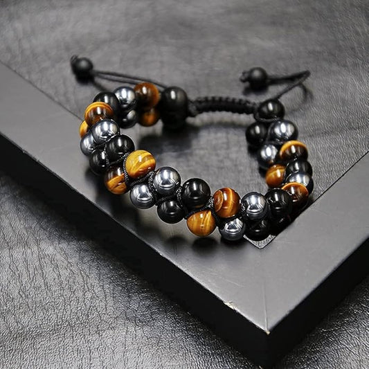 Triple Protection Black Tourmaline & Tiger Eye Stone Bracelet for Men & Women 8mm Beads BY REBUY