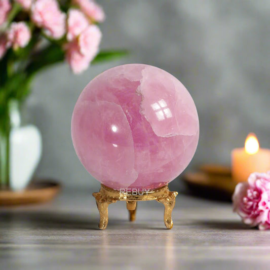 Rose Quartz Stone Sphere Ball with Stand 50mm Gemstone for Home Décor 200g Tabletop Showpiece BY REBUY