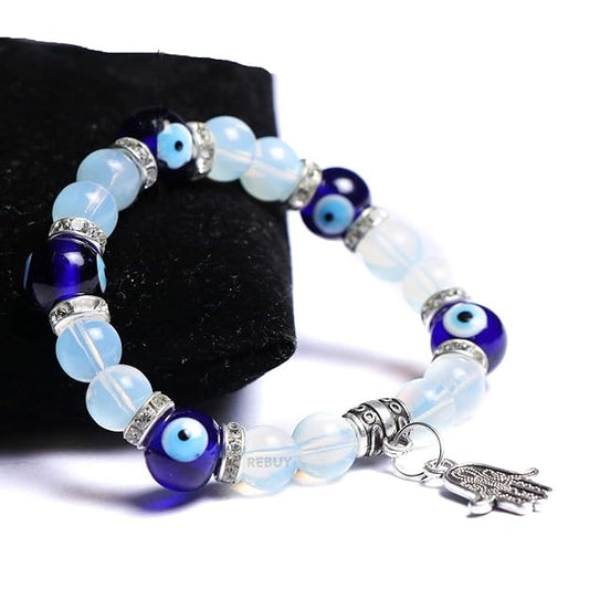 Opalite Crystal Stone Bracelet Natural Healing Gemstone with Evil Eye Charm For Women & Girls, Bead Size 8 mm BY REBUY