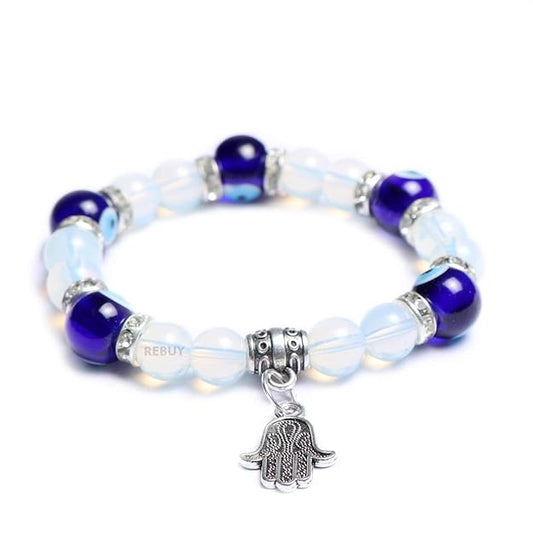 Opalite Crystal Stone Bracelet Natural Healing Gemstone with Evil Eye Charm For Women & Girls, Bead Size 8 mm BY REBUY