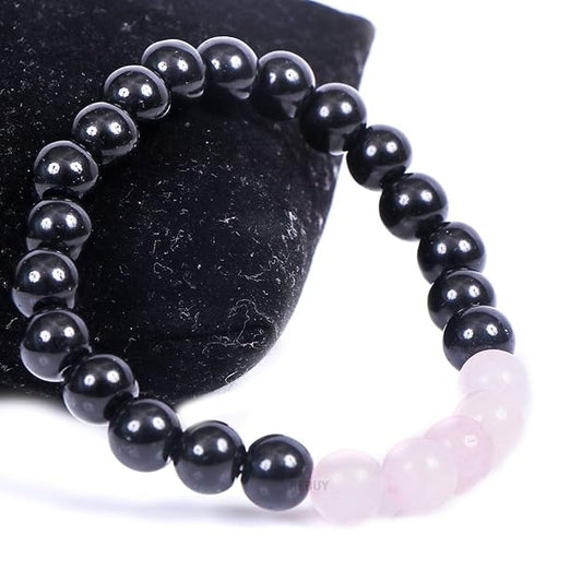 Rose Quartz with Black Tourmaline Gemstone Bracelet 8 mm Beads for Men & Women Natural Healing Stone BY REBUY