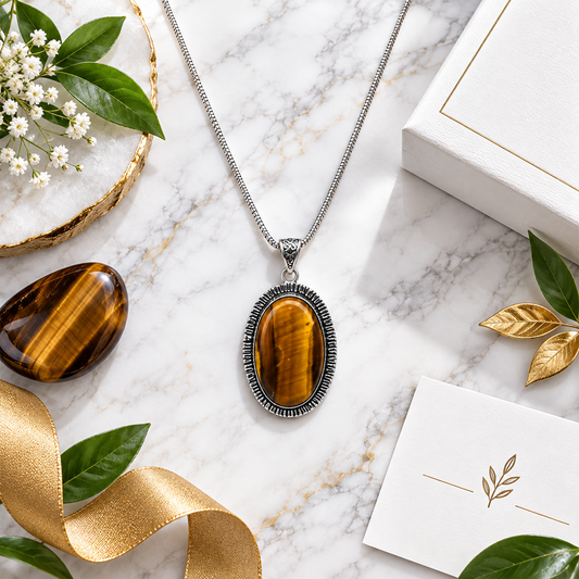 Tiger Eye Gemstone Pendant for Men & Women | Natural Tiger Eye Crystal Necklace with Oxidized Silver-Tone Setting | Confidence, Protection & Grounding Crystal Jewelry Gift