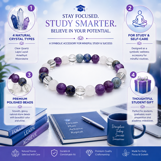 Student Memory & Focus Bracelet | Natural Crystal Bead Bracelet for Students | Study, Concentration, Mental Clarity & Learning Support | Stylish Unisex Meditation Bracelet