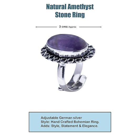 REBUY Amethyst Stone Silver Ring for Men & Women | Natural Healing Crystal Gemstone Promotes Emotional Balance, Enhances Creativity, Good Luck & Good Health, Peaceful Energy | Purple