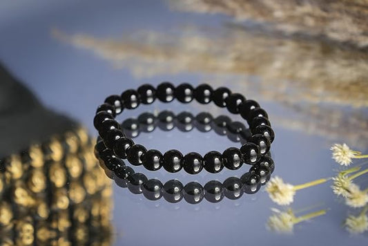 REBUY Black Tourmaline Stone Bracelet For Both Men & Women | Reiki Crystal Healing Bracelet Help To Protect Against Negative Energy | 8mm Bead size