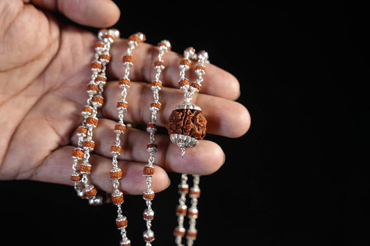 5 Mukhi Shades of Brown 108+1 Natural 5-6mm Beads Silver Plated Rudraksha Mala for men and women BY REBUY