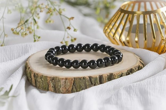 REBUY Black Tourmaline Stone Bracelet For Both Men & Women | Reiki Crystal Healing Bracelet Help To Protect Against Negative Energy | 8mm Bead size