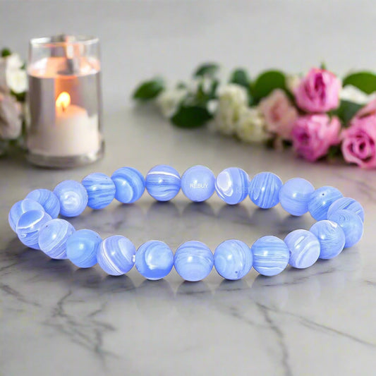 Blue Lace Agate Stone Bracelet for Men & Women 8mm Natural Healing Gemstone BY REBUY