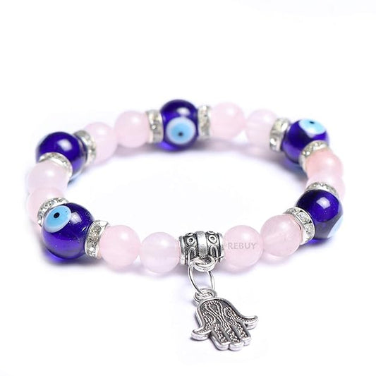 Rose Quartz With Evil Eye Stone Bracelet for Women & Girls 8mm Natural Healing Gemstone BY REBUY