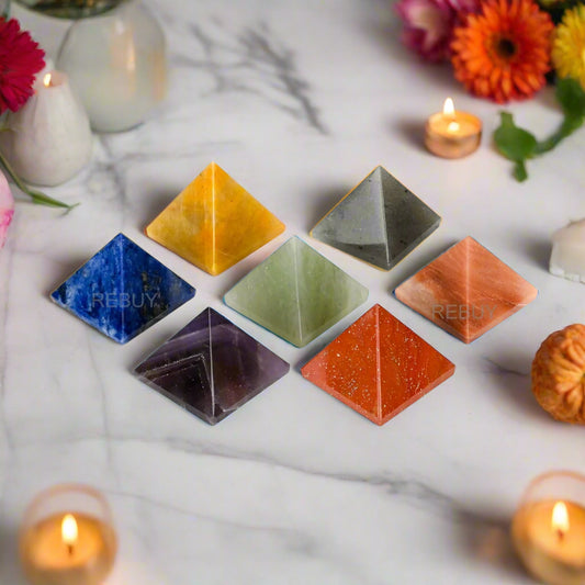 Seven Chakra Pyramid Set Amethyst, Grey Stone, Lapis, Jade, Yellow Aventurine, Carnelian, Red Jasper By REBUY