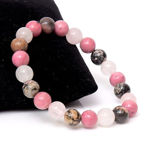 Rose Quartz Rhodonite Rhodocrosite Stone Bracelet 8mm Natural Healing Lab Certified Gemstone for Men & Women BY REBUY