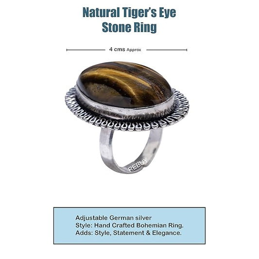 REBUY Tiger Eye Stone Adjustable Ring for Men & Women | Natural Healing Gemstone Elegant Flower Design Crystal Premium Quality Metal Stylish Modern Jewelry |Helps Focus & Increase Motivation, Good Luck & Self-Confidence | Pack Of 1