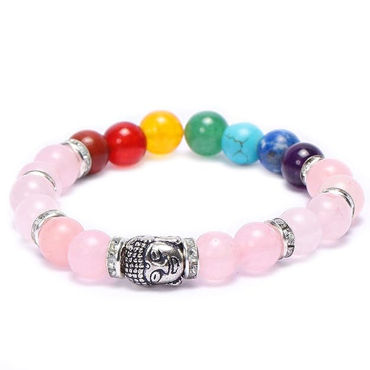 Rose Quartz With Seven Chakra Bracelet 8mm Natural Healing Gemstone Bracelet BY REBUY