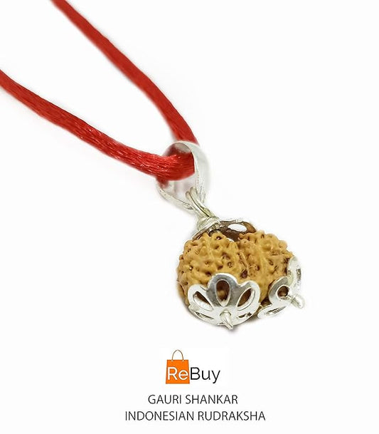 Gauri Shankar Rudraksha Pendant with Silver Coated Capping Indonesian Rudraksha Brown Color BY REBUY