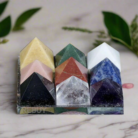 Nav Graha 9 Pyramid Set 2x2 Inch for Vastu Feng Shui Reiki Natural Crystal Healing Gemstone By REBUY