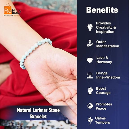 Larimar Agate Stone Bracelet for Men & Women 7MM Lab Certified Natural Round Bead Crystal Healing Gemstone BY REBUY