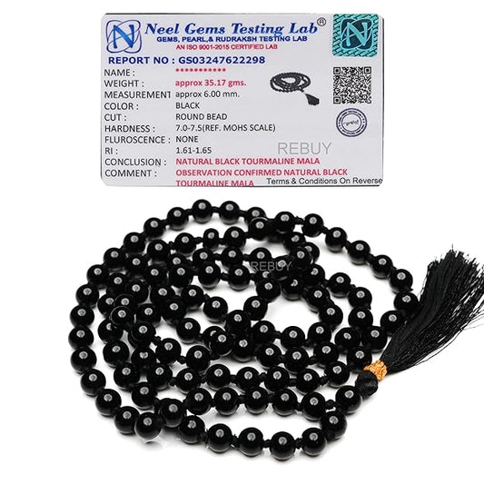 Lab Certified Black Tourmaline Stone Jap Mala & 108+1 Beads 6mm for Men & Women by REBUY