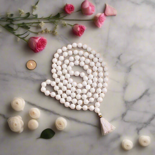 White Agate Stone Mala Crystal Necklace 108 Beads, 6mm Jaap Mala for Men & Women BY REBUY