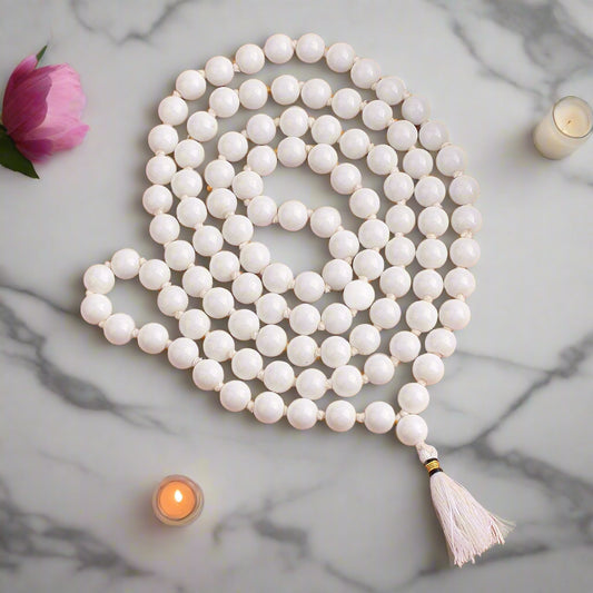White Agate Stone Mala Crystal Necklace 108 Beads, 6mm Jaap Mala for Men & Women BY REBUY