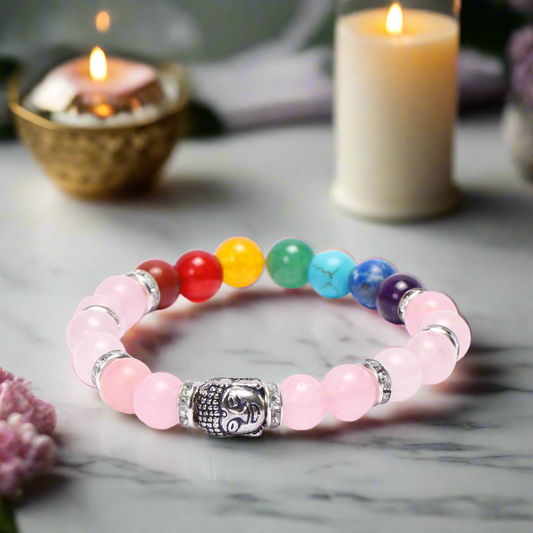 Rose Quartz With Seven Chakra Bracelet 8mm Natural Healing Gemstone Bracelet BY REBUY
